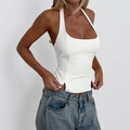 Detail of white slim fit halter top showing the high-elastic knitted fabric texture - M / White