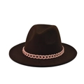 Close-up of thick felt fedora featuring a decorative pale pink chunky chain accent - Dark Brown (11)