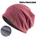 Wine red slouchy knit beanie with leather F&S tag and thick grey fleece lining - Fleece Lined Style / Red