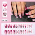 Close-up of pink press-on nails with 3D cartoon kitty, pearls and glitter stars detail - Pink French Tiger Pattern Cartoon Style (SGD-0002) / Glue Type