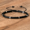 Adjustable braided bracelet with matte black emperor stones and polished metal spacers - No.41 Matte Black Onyx
