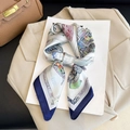 Detail of silk-like square scarf with architectural prints and navy blue contrast borders - New Silk Scarf/small Square Scarf 4 / 65