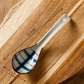 Japanese ceramic soup spoon with blue checkered pattern and brown rim 15.5cm size - Blue Grid