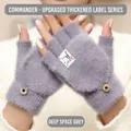 Space Grey thickened plush flip top knitted gloves with button and touch screen design - Grey Label Style