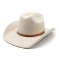 Chapeau de cowboy classique en feutre de laine blanc crème avec ceinture en cuir marron - M (56-58cm) / Beige