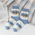 Blue and white striped cotton crew socks with brown bear embroidery and BEARS lettering - Blue Stripe