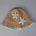 Close-up of handmade straw bucket hat with blue crochet star motifs and wavy edge detail - M(56-58cm) / Khaki