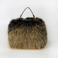 Faux raccoon fur handbag in dark brown and black with leather handle and gold hardware - Tan With Black Tips