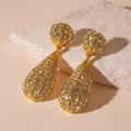 Detailed view of gold metallic mesh teardrop earrings featuring sparkling crystals on stone - S925 Silver Needle Style / Gold Rhinestone Water Drop Dangle Earrings