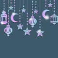 Ramadan decorations featuring purple gradient lanterns, stars, and crescent moon hanging set - Laser Gradient Style