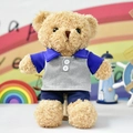 Adorable curly hair teddy bear plush toy wearing a blue and grey polo shirt and dark blue pants - 30 cm / Dark Blue Grey