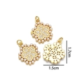 Detail view of gold flower pendants with micro-inlaid pearls and 1.7cm size scale - Seed Pearl Flower