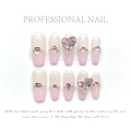Détails de faux ongles dégradés roses avec gemmes en cœur et accents de nacre luxueux - Très Petit (XS) / Fille Rose (84-蔷薇少女)