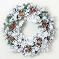 Christmas wreath with green pine needles, white snow effect, pine cones and red berries - 60cm Mixed Snow Wreath