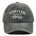 Close-up of high-density white embroidery LIMITED EDITION 1994 on washed cotton baseball cap - Adjustable / Army Green