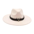 Cream white wide brim fedora hat with ethnic woven band and silver bull skull detail - Colorful Bull Head Ornament / Beige