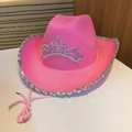 Pink western cowboy hat featuring sparkling rhinestone crown and silver sequin brim - M (56-58cm) / Pink Sequin