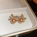 Élégantes boucles d'oreilles nœud avec diamants et perles de champagne sur base dorée - 42# Tige d'oreille en argent sterling 925 Noeud perle or