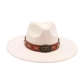 Sombrero de fieltro blanco roto con ala ancha, cinta de cuero y adorno de cabeza de toro - Beige