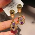 French vintage 18K gold-plated copper earrings with purple and yellow dried flowers - Pink Water Drop Dried Flower