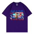 Dark purple cotton T-shirt featuring a retro American flag RV graphic and patriotic slogan - Purple