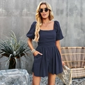 Navy blue short sleeve romper with square neck and puff sleeves for women - S / Dark Blue