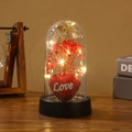 LED light night lamp with red heart and dried flowers in a glass dome on wooden table - Red (Acrylic + Plastic Base)