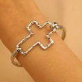 Silver hollow cross cuff bracelet with hammered texture finish for women wristwear - Silver Cross Style (8302)