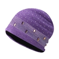 Detail of purple beanie with silver rhinestones and warm black faux lamb wool lining - Purple