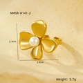 Golden stainless steel flower ring with pearl inlay and detailed dimension markers - Four-Petal Flower Pearl(NMSR-H141-2)