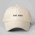 Detailed close-up of CAT DAD embroidery on a beige cotton twill baseball cap - CAT DAD Embroidery / Beige