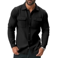 Slim fit men's casual black long sleeve shirt jacket with double flap chest pockets - Black