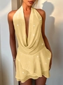 Robe courte dos nu jaune élégante avec tissu scintillant et ourlet à volants - S / Jaune