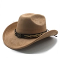 Classic camel faux suede cowboy hat with brown leather band and bull head emblem ornament - M (56-59cm) / Khaki Suede