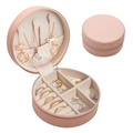 Pink round leather jewelry box with zipper closure and multiple interior compartments - Pink