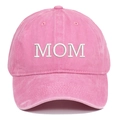 Close-up of MOM white embroidery on a pink washed cotton vintage baseball cap - MOM Embroidery / Pink