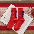 Festive red cotton crew socks featuring Good Fortune embroidery and cartoon character - Get Rich Overnight