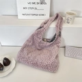 Sac fourre-tout chic en fausse fourrure à imprimé léopard rose avec doublure à carreaux - Rose Violet