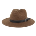 Close-up of brown straw fedora with black faux leather band and silver buckle detail - Coffee