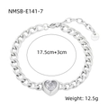 Pulsera de cadena cubana de acero inoxidable plateado con colgante de circón de corazón - 17.5cm+3cm Cadena de extensión / Plata/Circonita Blanca