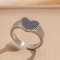 Detail of silver brass open ring featuring a black heart-shaped shell inlay - Silver Black Shell Heart (6991)