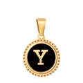 18K gold plated round pendant featuring a black enamel letter Y with beaded edges - Letter Y