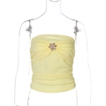 Detail of yellow ruched tube top featuring a centered gold metal floral buckle ornament - S / Yellow