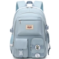Detailed view of light blue nylon backpack with functional pockets and buckle straps - Bare Bag / Light Blue