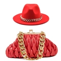 Red fedora hat with gold chain and matching quilted cloud bag set in a modern urban style - M(56-58cm) / Red Set