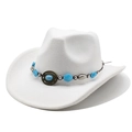 White western cowboy hat with blue beads and vintage bronze emblem on high-quality felt - M (56-58cm) / White