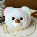 Detailed macro view of soft colorful plush bear crossbody bag with gold metal chain - Colorful Light Blue