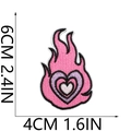 Detailed view of pink and purple heart flame embroidery patch with size dimensions - Pink Flame Heart