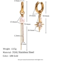 Boucles d'oreilles asymétriques en acier doré 18K avec perles et zircon, longueur 79,4mm - Boucles d'Oreilles Chaîne Asymétrique Perle d'Eau Douce Zircon Étoile à Huit Branches / Doré