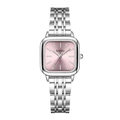 Détail de la montre carrée en acier argenté avec cadran rose soleil et index barres - Cadran Rose Argenté